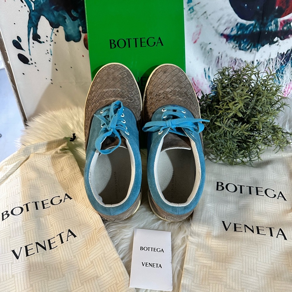 Bottega Veneta Brown Woven Sneakers with Blue Trim sz 10